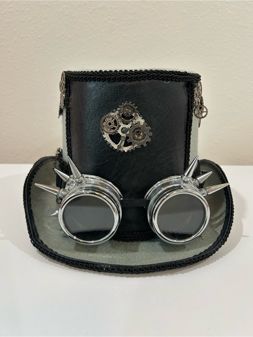 Steampunk Top Hat with Silver Spiked Goggles and Embellished Mechanical Gears